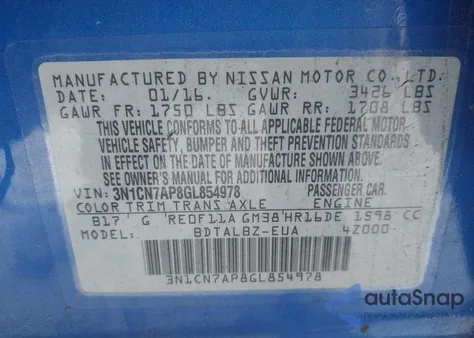 2016 Nissan Versa 1.6 S/1.6 S+/1.6 Sl/1.6 Sv z USA, uszkodzony, nr VIN 3N1CN7AP8GL854978